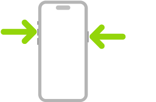 Obrázek iPhonu se šipkou ukazující na postranní tlačítko vpravo nahoře a šipkou ukazující na tlačítko zvýšení hlasitosti vlevo nahoře