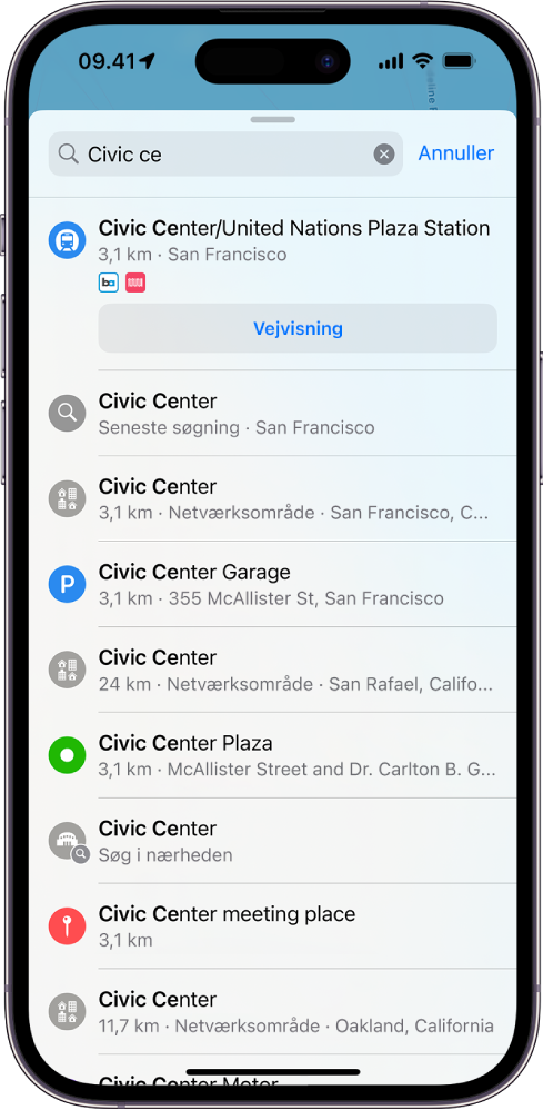 Et søgekort, der viser resultater, som matcher en ufuldstændig sætning, ”Civic ce”.