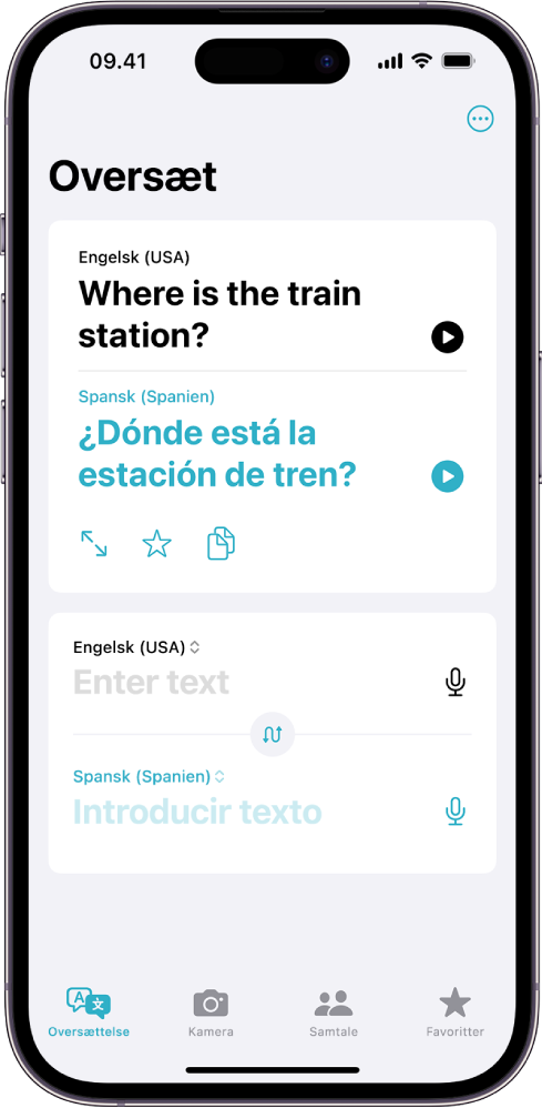 Fanen Oversættelse, der viser et udtryk oversat fra engelsk til spansk. Under det oversatte udtryk ses feltet til at skrive tekst.