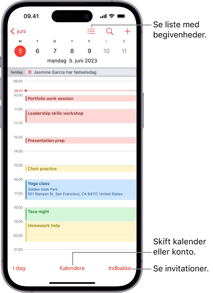 En kalender i Dagsoversigt med dagens begivenheder. Knappen Kalender findes nederst i midten af skærmen, og knappen Indbakke er i bunden til højre.