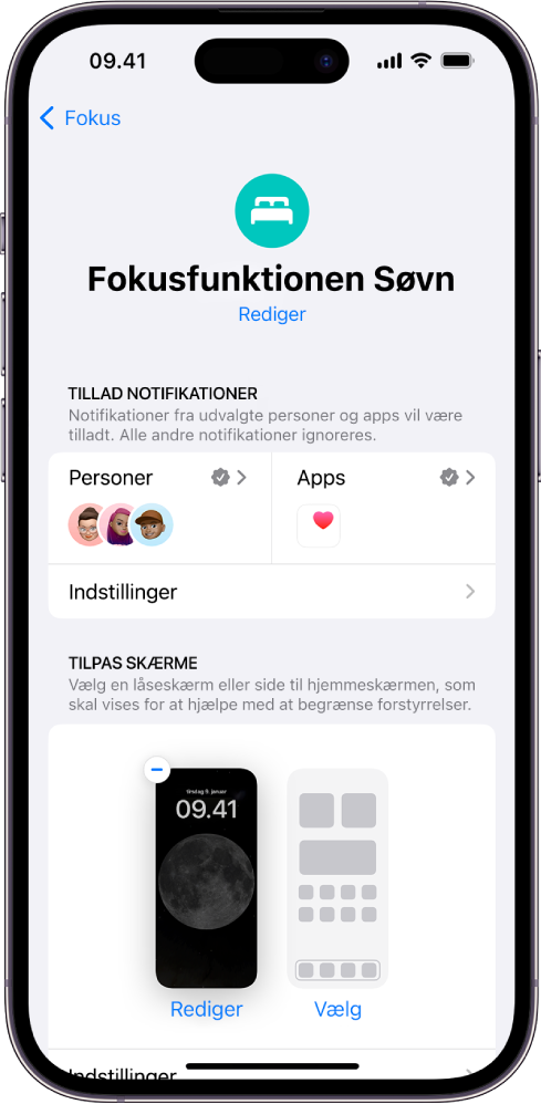 Skærmen med fokusfunktionen Søvn viser tre personer og en app, der må sende notifikationer.