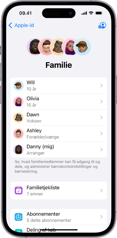 Skærmen Familiedeling i Indstillinger. Der vises en liste med fem familiemedlemmer, og fire abonnementer deles med familien.
