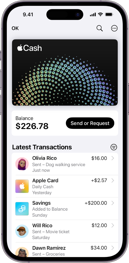 Apple Cash-kortet i Wallet med knappen Mere øverst til højre, den aktuelle saldo og knappen Send eller Anmod i midten og de seneste transaktioner nederst.