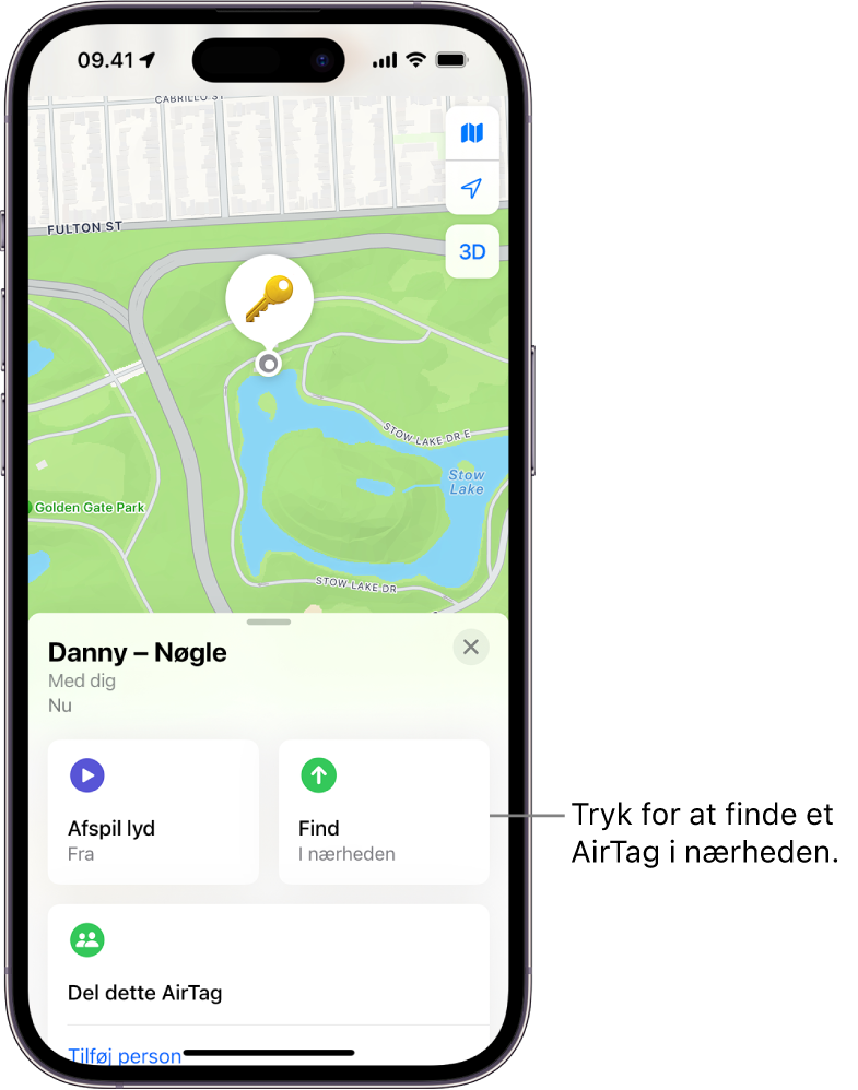 Appen Find er åben og viser Nøgler tilhørende Daniel i Golden Gate Park. Tryk på knappen Find for at lokalisere et AirTag, der befinder sig i nærheden.