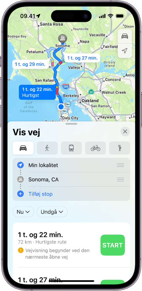 En iPhone med et kort over køreruter med afstand, anslået varighed og knappen Start. Hver rute viser farvekodning for trafikforhold.