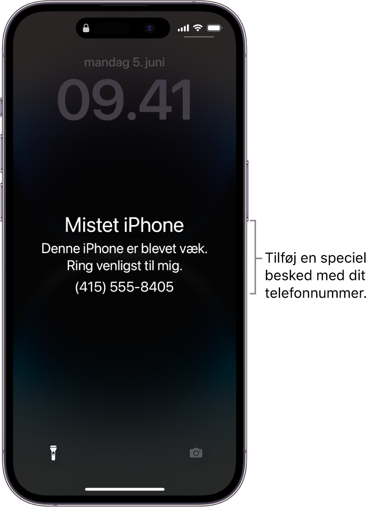 Låseskærmen på en iPhone med en besked om mistet iPhone. Du kan tilføje din egen besked med dit telefonnummer.