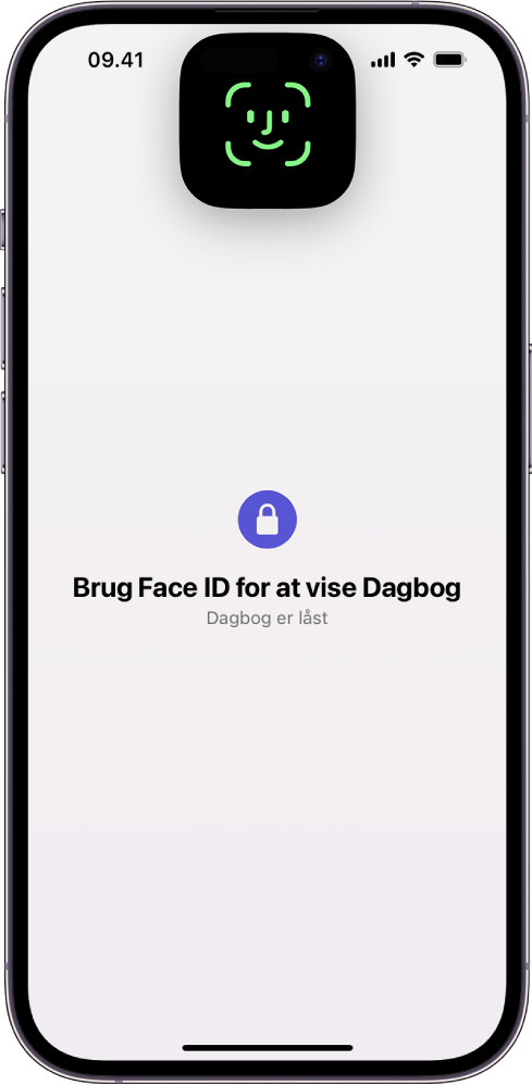 En skærm, der beder dig om at bruge Face ID til at låse din dagbog op.