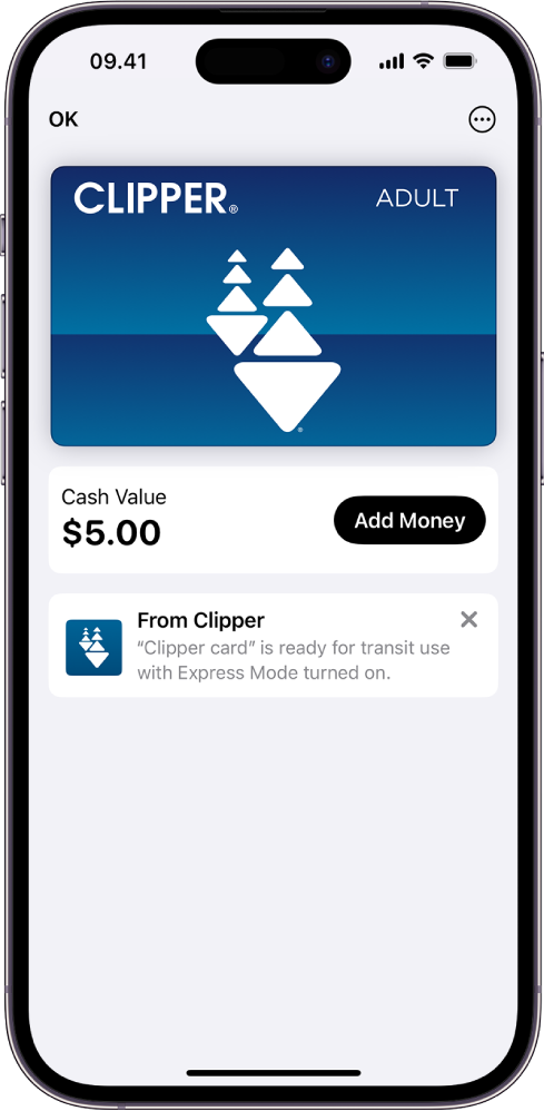 Et rejsekort i appen Wallet. Under kortet ses saldoen ved siden af knappen Tilføj penge.