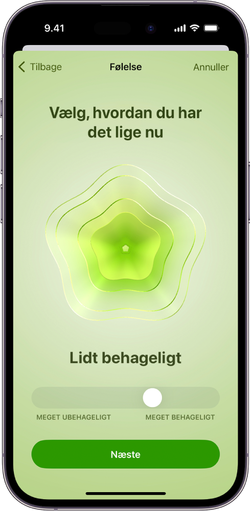 En skærm i appen Sundhed, der identificerer den aktuelle sindstilstand med ordene Lidt behageligt. Nederst på skærmen er der et mærke til justering af følelsens niveau.