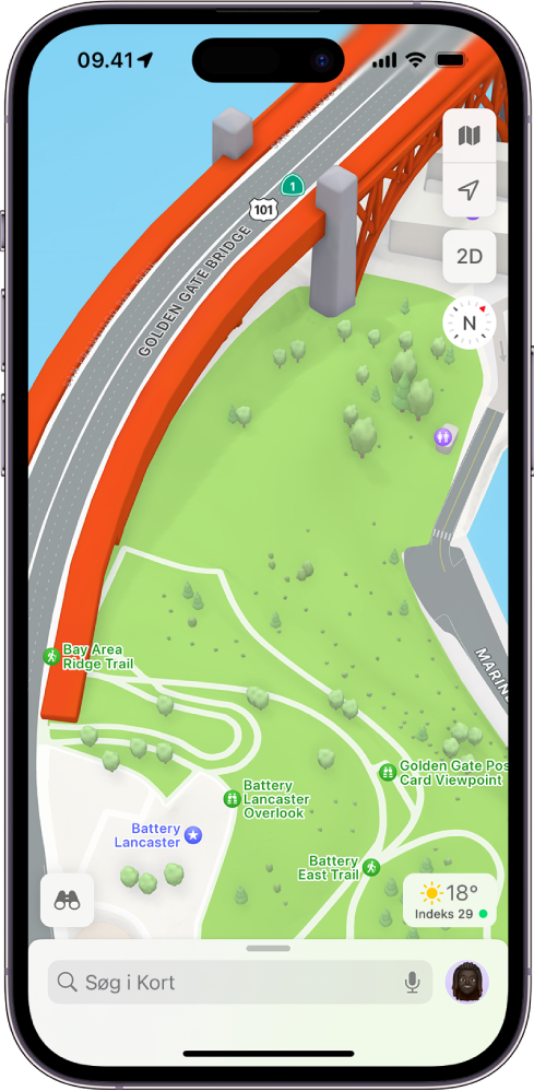 Et 3D-kort over gader og parker, der viser træer, interessepunkter og faciliteter som toiletter.