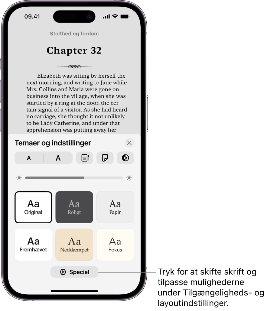 En side fra en bog i appen Bøger. Mulighederne under Temaer og indstillinger viser betjeningsmuligheder til skriftstørrelse, rulleoversigt, format til sidevending, lysstyrke og skriftformater.