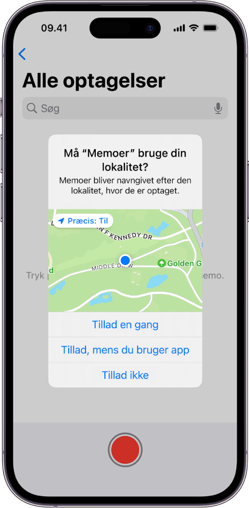 En anmodning fra en app om at bruge lokalitetsdata på iPhone. Valgmulighederne er Tillad en gang, Tillad, mens du bruger app og Tillad ikke.