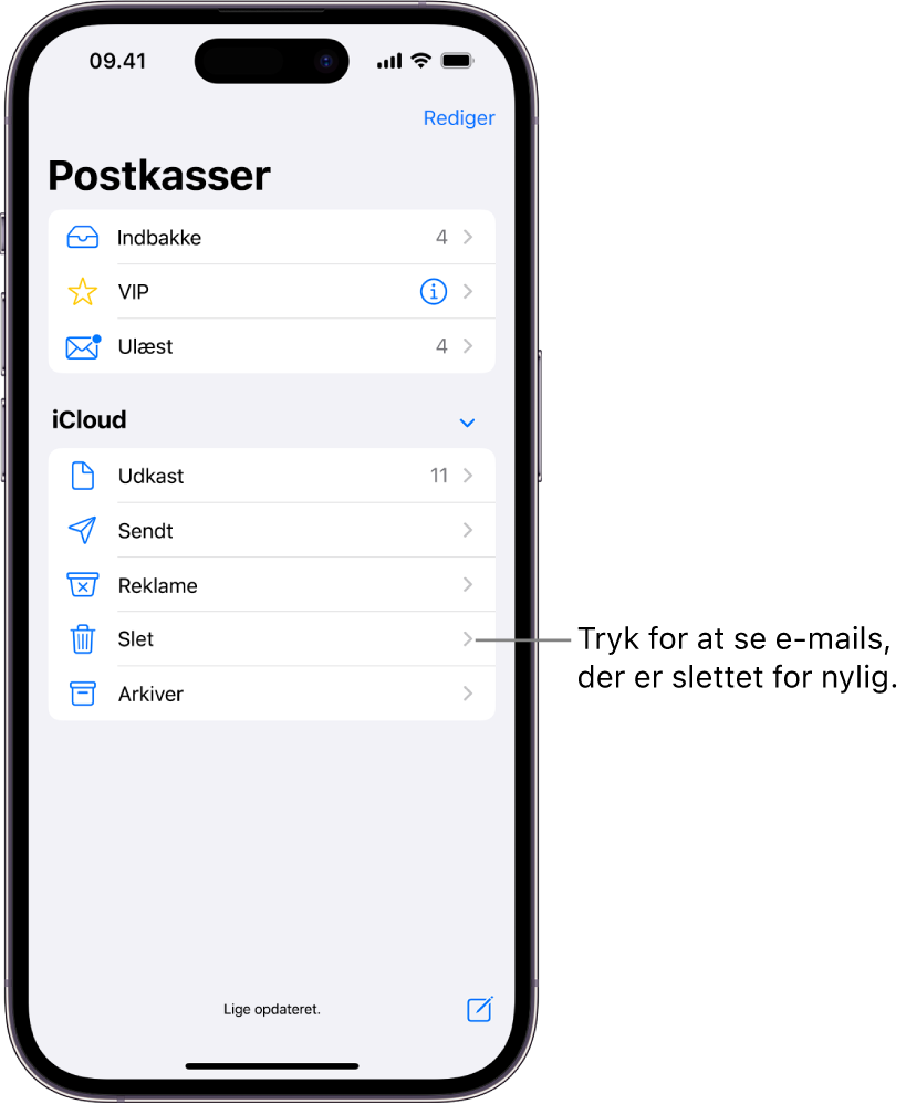 Skærmen Postkasser. Under iCloud er postkasserne vist fra top til bund, inklusive papirkurven. Tryk på den for at se nyligt slettede e-mails.