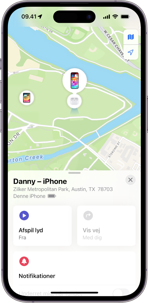 Skærmen Find, der viser en lokaliteten af en iPhone på et kort øverst på skærmen.