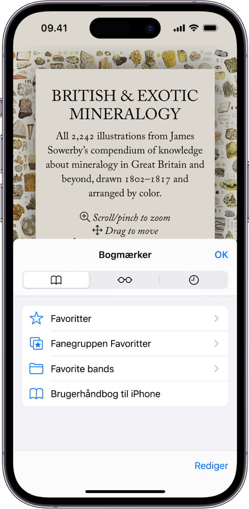 Skærmbilledet Bogmærker med muligheder for at se dine bogmærker, Læselisten og din browserhistorik.