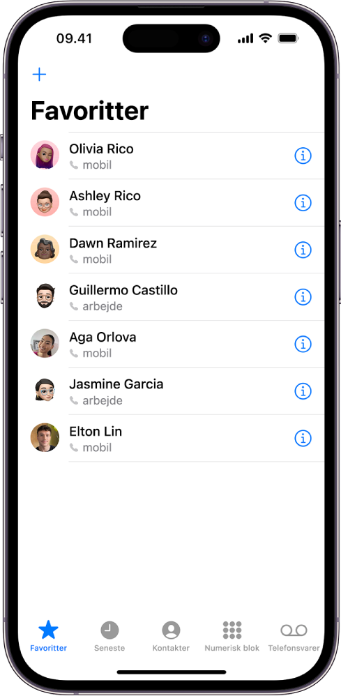 Skærmen Favoritter i appen Kontakter. Seks kontakter er angivet som favoritter.
