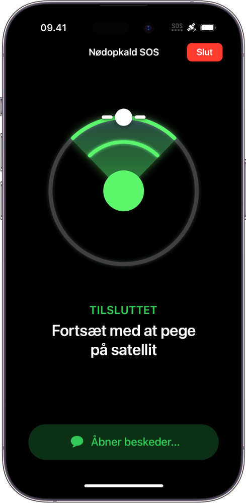 Skærmen Nød-SOS viser, at telefonen er tilsluttet, og instruerer brugeren i at blive ved med at pege mod satellitten. Knappen Åbning af beskeder findes nederst på skærmen.