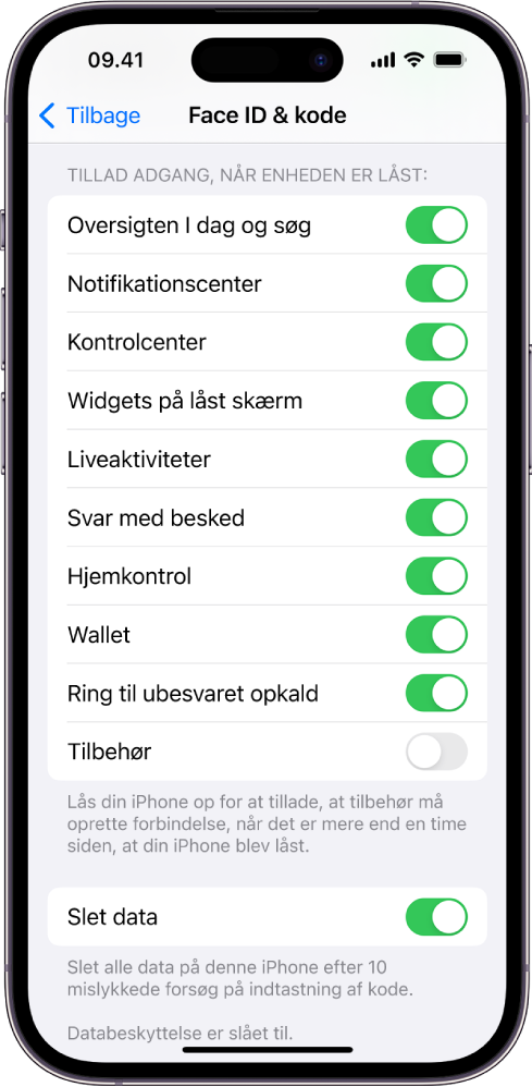 Skærmen Face ID & kode med indstillinger, der giver adgang til specifikke funktioner, når iPhone er låst.