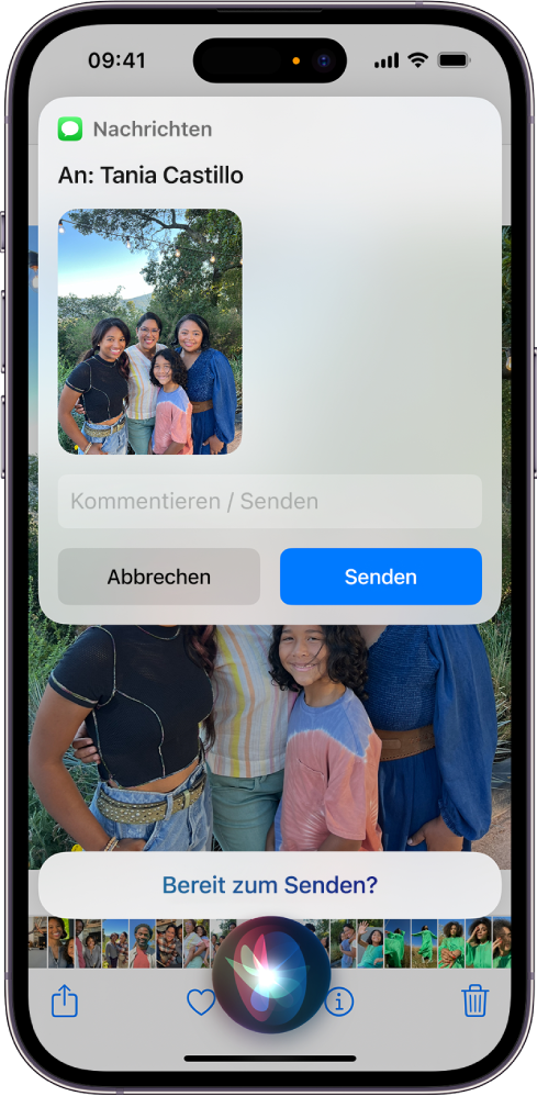 Ein iPhone-Bildschirm, unten in der Mitte hört Siri zu und darüber befindet sich die Antwort von Siri in Form einer sendebereiten Textnachricht.