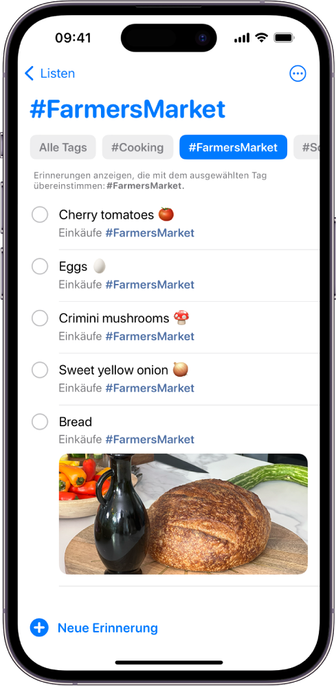 Eine Liste mit Objekten und dem Tag „FarmersMarket“. Oben eingeblendete Tasten zeigen weitere Tags, die du anwenden kannst.