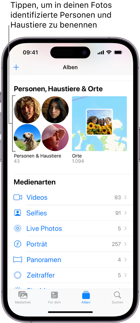 Der Bildschirm „Alben“ in der App „Fotos“. Oben auf dem Bildschirm befindet sich die Option „Personen & Haustiere“.