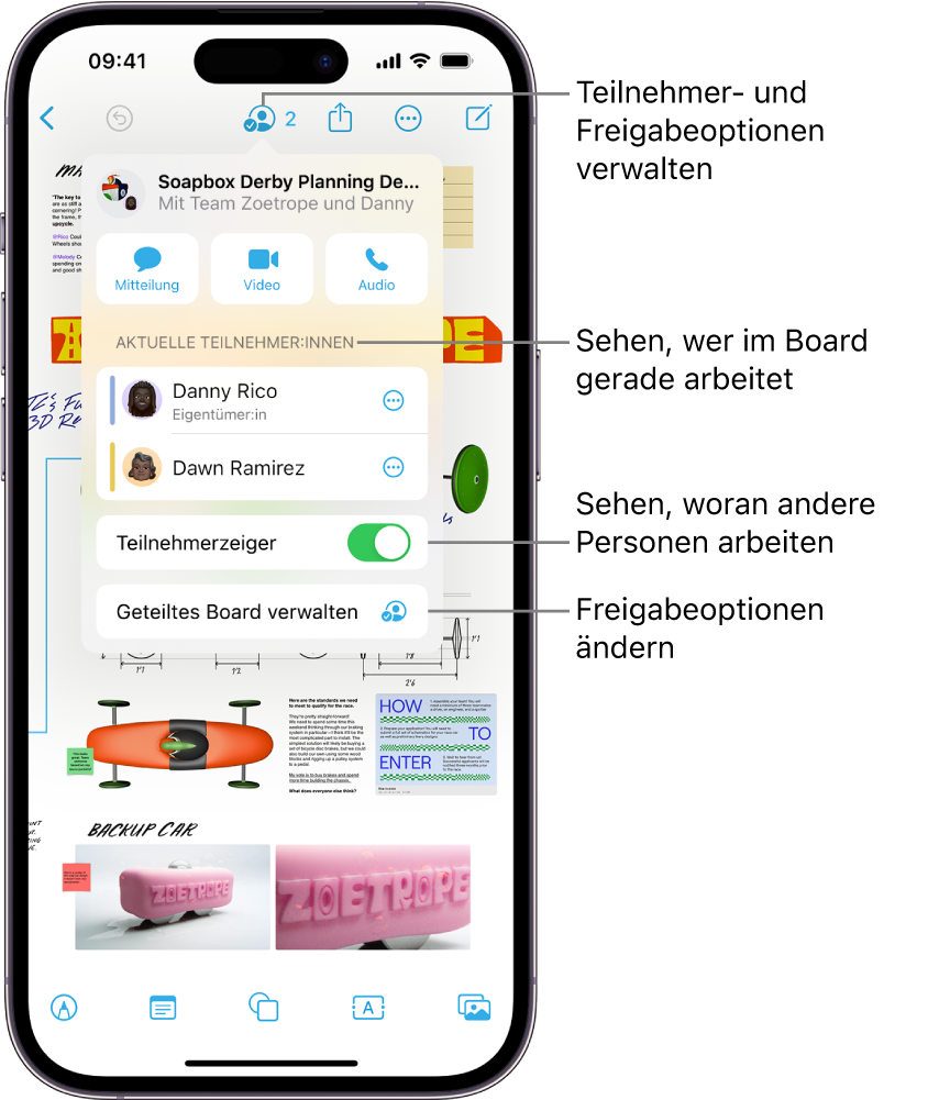 Ein geteiltes Freeform-Board auf dem iPhone mit dem geöffneten Menü zum Zusammenarbeiten.