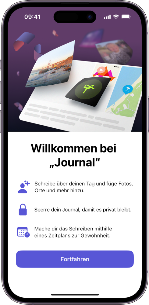 Der Willkommensbildschirm für die App „Journal“
