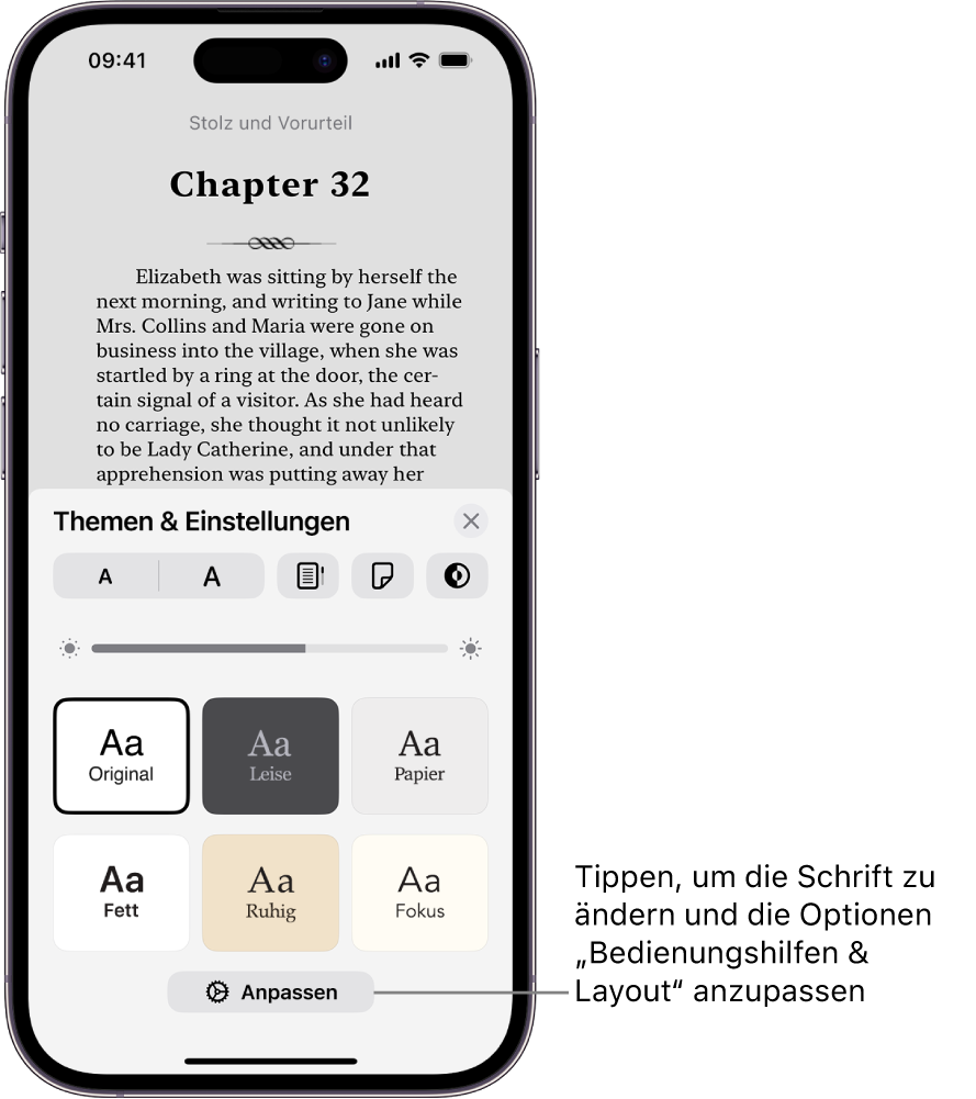 Eine Buchseite in der App „Bücher“. Die Optionen „Themen & Einstellungen“ mit Steuerelementen für Schriftgröße, Scrollansicht, Stil zum Umblättern, Helligkeit sowie Schriftoptionen