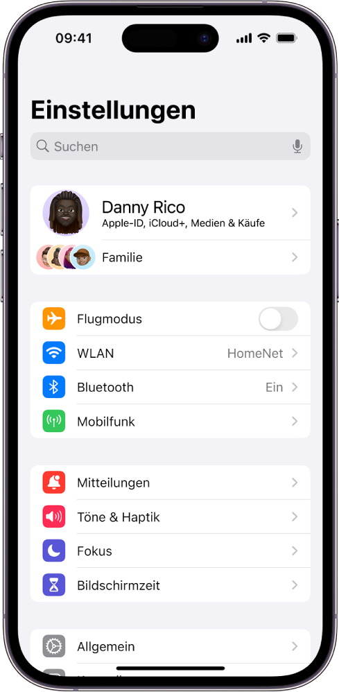Bildschirm der App „Einstellungen“ mit dem Suchfeld oben und mehreren Einstellungen, darunter „WLAN“, „Mitteilungen“ und „Töne & Haptik“, darunter.