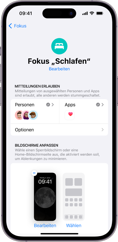 Der Bildschirm für den Fokus „Schlafen“ mit der Erlaubnis zum Senden von Mitteilungen für drei Personen und eine App.