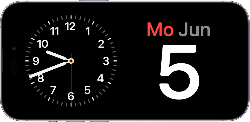 Das iPhone ist horizontal gedreht. Auf der linken Seite des Bildschirms wird eine Uhr und auf der rechten Seite wird das Datum angezeigt.