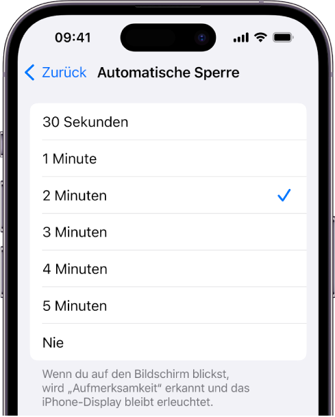 Der Bildschirm „Automatische Sperre“ mit Einstellungen für die Zeitspanne vor der Aktivierung der automatischen Sperre auf dem iPhone.
