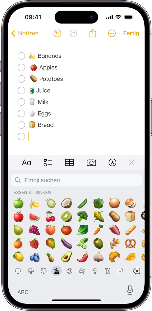 In der oberen Hälfte des Bildschirms ist eine Notiz in der App „Notizen“ geöffnet und in der unteren Hälfte des Bildschirms ist die Emoji-Tastatur geöffnet.