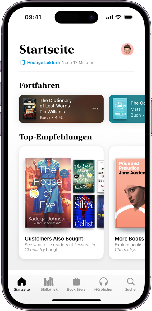 Der Bildschirm „Home“ in der App „Bücher“. Unten auf dem Bildschirm sind von links nach rechts die Tabs „Home“, „Bibliothek“, „Book Store“, „Hörbücher“ und „Suchen“ zu sehen. Der Tab „Home“ ist ausgewählt.