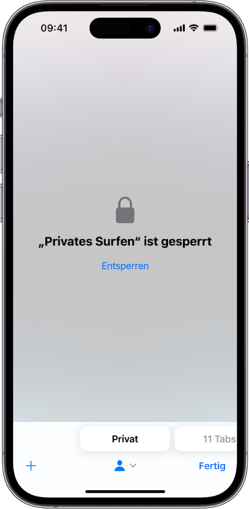 Safari ist geöffnet und „Privates Surfen“ wurde gestartet. In der Mitte des Bildschirms befindet sich die Mitteilung, dass privates Surfen gesperrt ist. Darunter ist die Taste „Entsperren“ zu sehen.
