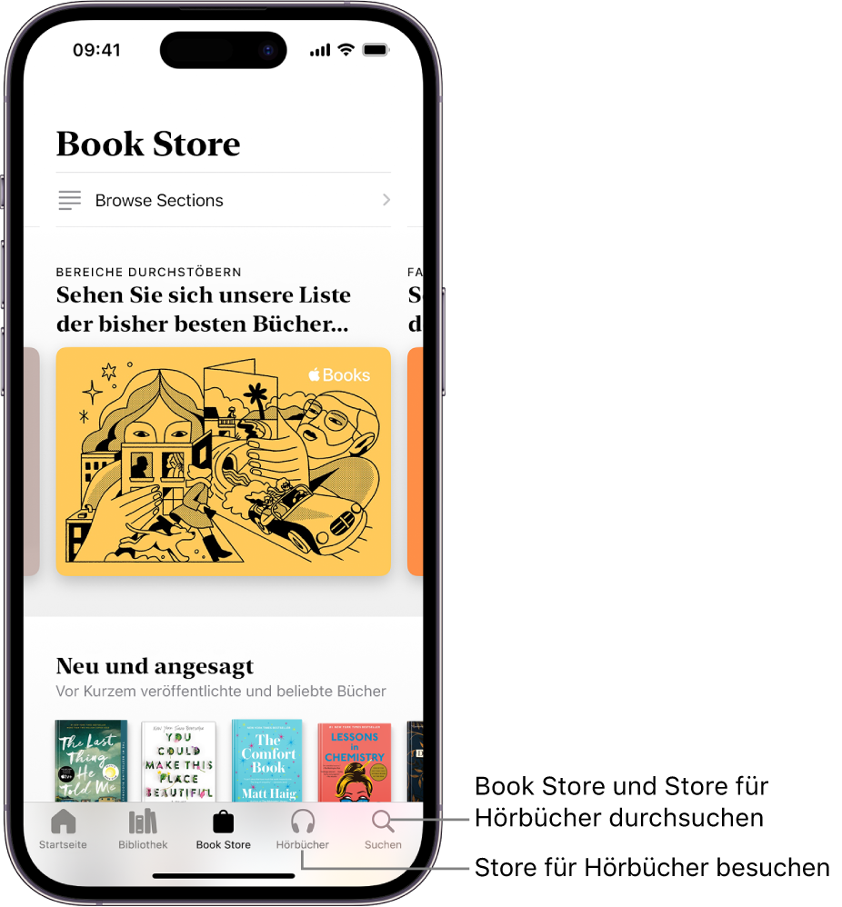Der Bildschirm „Book Store“ in der App „Bücher“. Unten auf dem Bildschirm sind von links nach rechts die Tabs „Home“, „Bibliothek“, „Book Store“, „Hörbücher“ und „Suchen“ zu sehen. Der Tab „Book Store“ ist ausgewählt.
