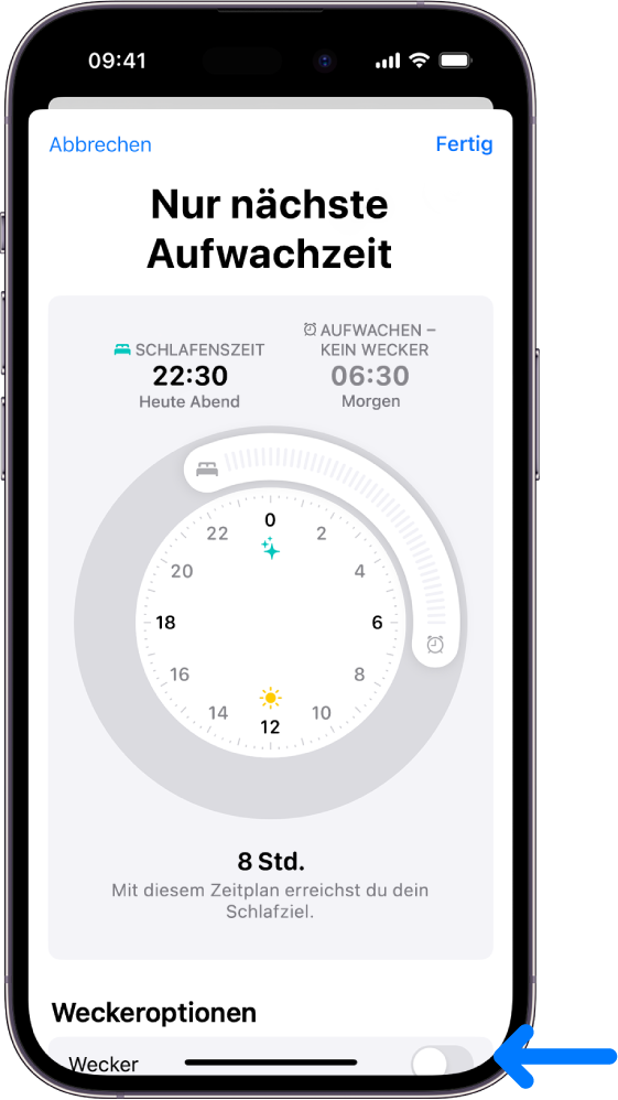 Der Bildschirm „Nur nächste Aufwachzeit“ in der App „Health mit der deaktivierten Option „Wecker“ unten.