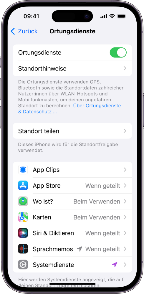 Der Bildschirm „Ortungsdienste“ mit Einstellungen für die Freigabe des Standorts deines iPhone und Einstellungsoptionen für einzelne Apps.