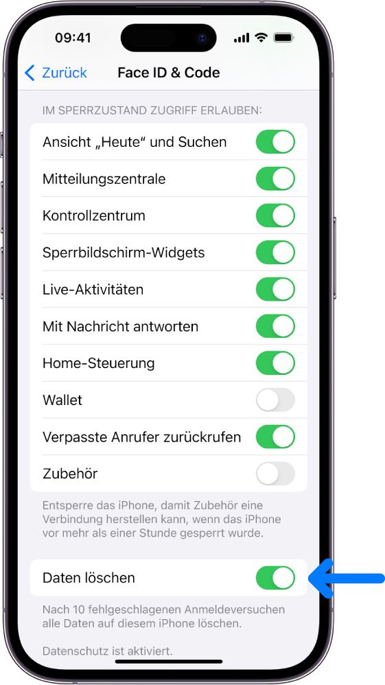 Die Option „Daten löschen“ im unteren Bereich des Bildschirms „Face ID & Code“ in der App „Einstellungen“.