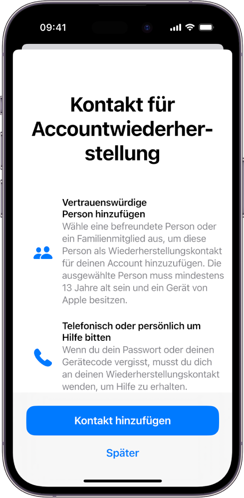Der Bildschirm „Kontakt für Accountwiederherstellung“ mit Informationen über die Funktion. Die Taste „Kontakt für Accountwiederherstellung hinzufügen“ befindet sich unten.