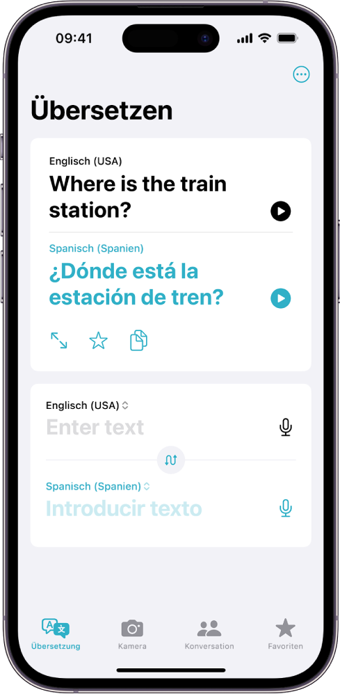 Der Tab „Übersetzen“ mit einem Satz, der vom Englischen ins Spanische übersetzt wurde. Unter dem übersetzten Satz befindet sich das Texteingabefeld.