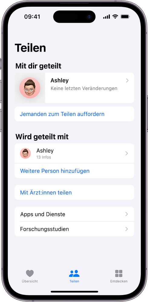 Der Bildschirm „Teilen“ in der App „Health“.