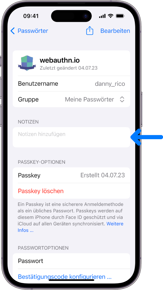Ein Passkey-Bildschirm im iCloud-Schlüsselbund mit Informationen über den Passkey und einem Bereich zum Hinzufügen und Anzeigen von Notizen.