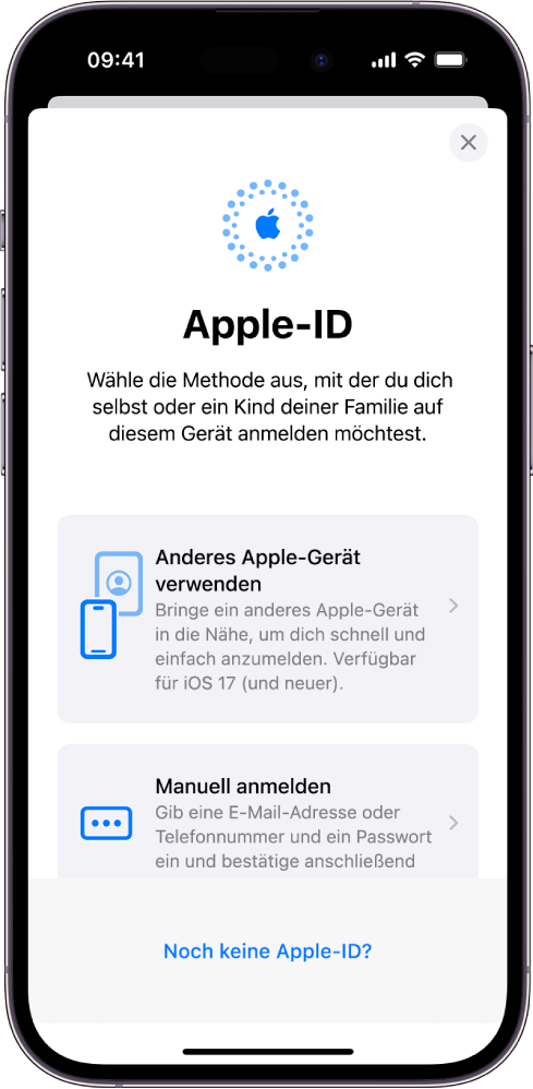 Der Apple-ID-Anmeldebildschirm mit Optionen zum Anmelden mit einem anderen Apple-Gerät, manuellen Anmelden und der Möglichkeit anzugeben, dass man keine Apple-ID hat.