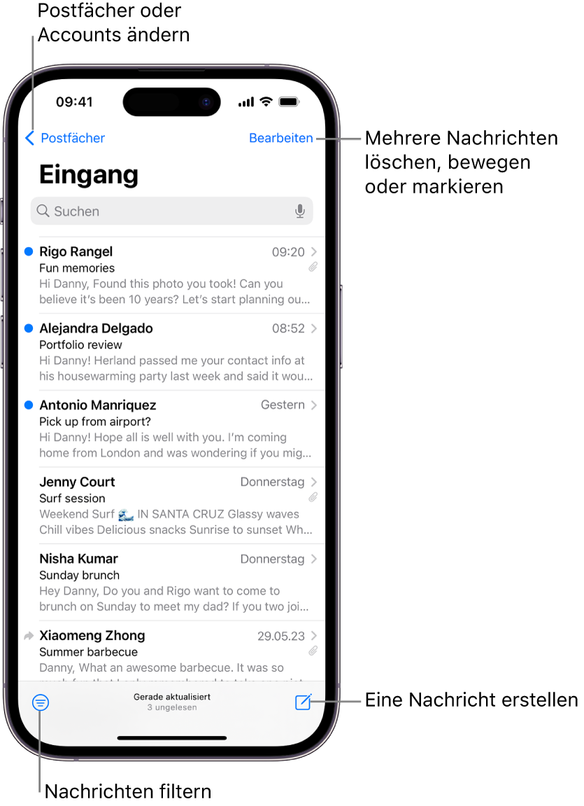 Der Posteingang der App „Mail“ mit einer Liste von E-Mails.
