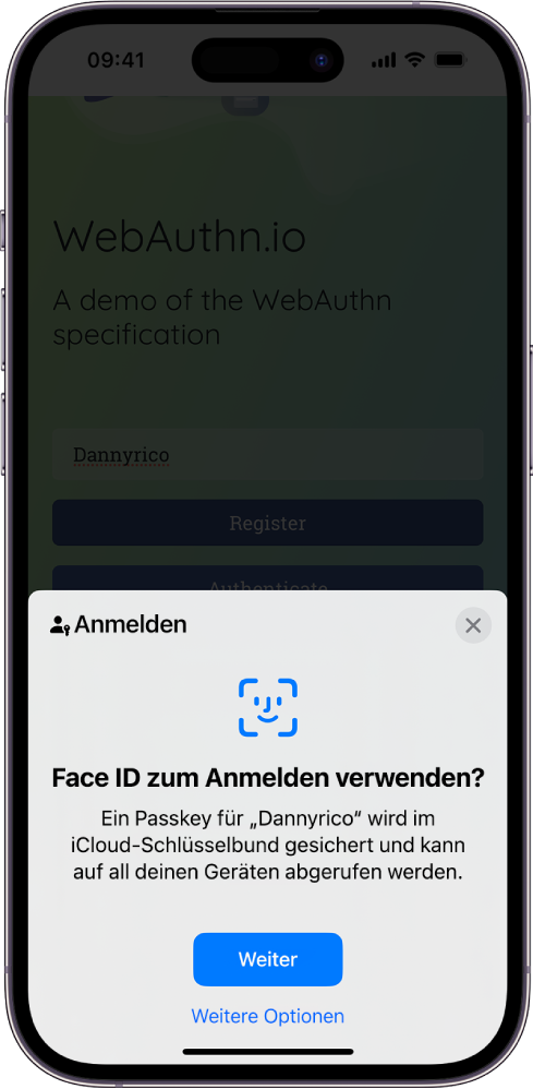 Auf der unteren Hälfte des iPhone-Bildschirms wird die Option zum Verwenden von Passkeys für die Anmeldung bei einer Website angezeigt. Die Taste „Fortfahren“ zum Sichern eines Passkeys und die Taste „Weitere Optionen“ werden angezeigt.