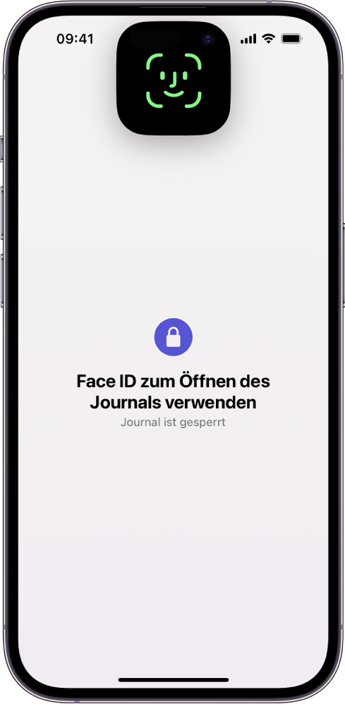 Ein Bildschirm fordert dich auf, Face ID zum Entsperren des Journals zu verwenden.