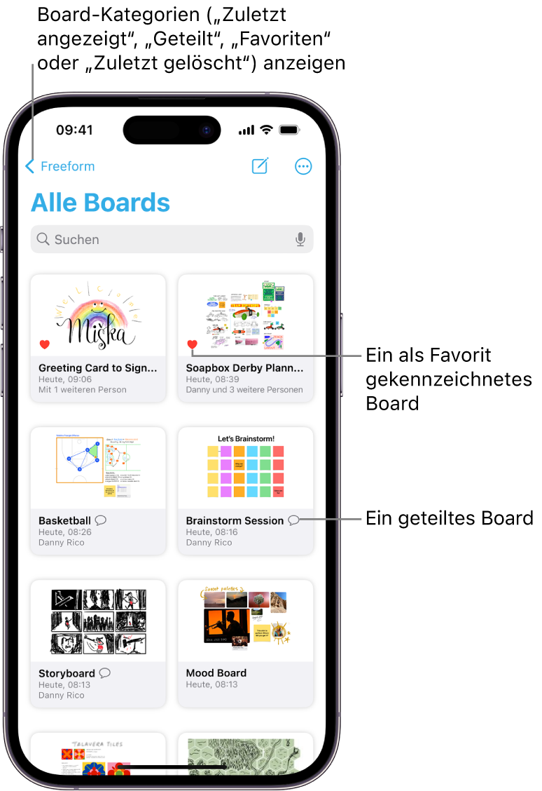 Der Freeform-Bildschirm „Alle Boards“ ist geöffnet und zeigt acht Board-Miniaturen an.