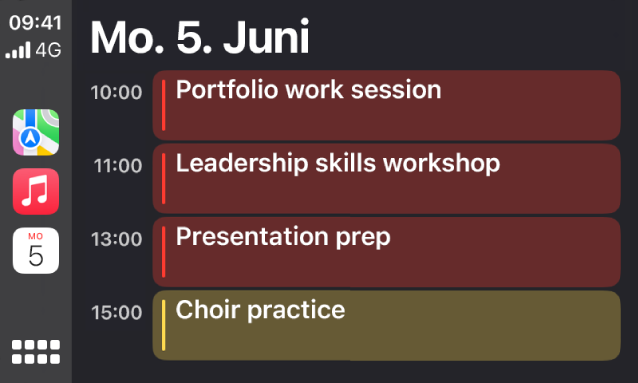 CarPlay mit den Optionen „Karten“, „Musik“ und „Kalender“ in der Seitenleiste. Auf der rechten Seite werden Ereignisse für Montag, den 5. Juni angezeigt: Portfolio-Arbeitssitzung, Workshop für Leadership Skills, Präsentationsvorbereitung und Chorprobe.
