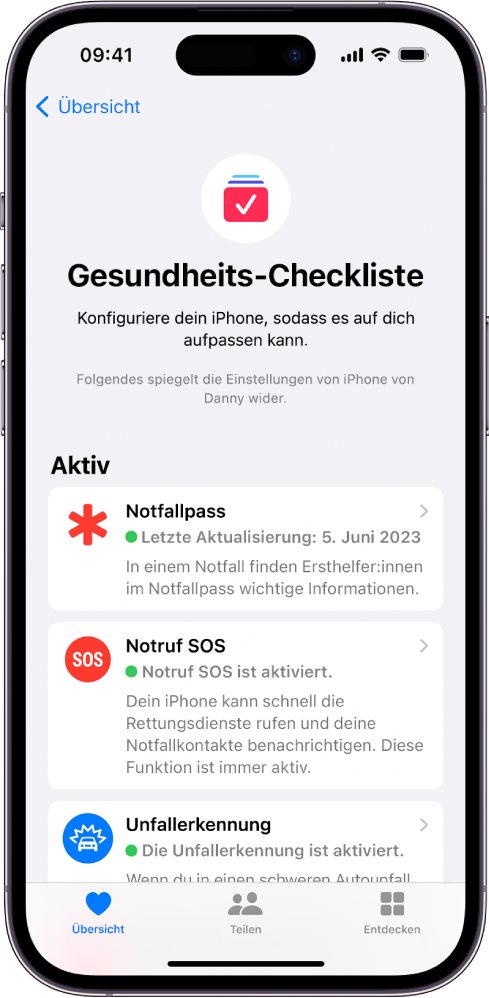 Der Bildschirm „Gesundheits-Checkliste“ mit den aktiven Optionen „Notfallpass“, „Notruf SOS“ und „Unfallerkennung“.